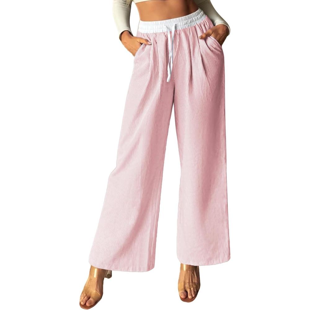 imageGRACE KARIN Women Cotton Palazzo Pants 2025 Summer Stripe Drawstring Loose Wide Leg Long Trousers with PocketsPink White Stripe