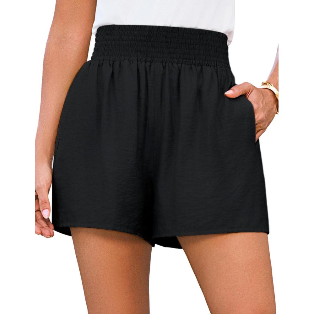 imageGRACE KARIN Women Summer Shorts Casual Boho Beach Comfy Smocked Elastic High Waist Pull On Flowy Short with PocketsBlack