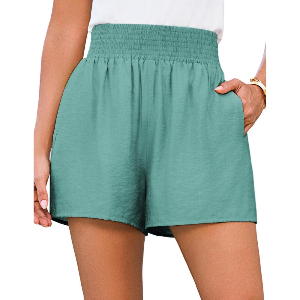 imageGRACE KARIN Women Summer Shorts Casual Boho Beach Comfy Smocked Elastic High Waist Pull On Flowy Short with PocketsBlue Green
