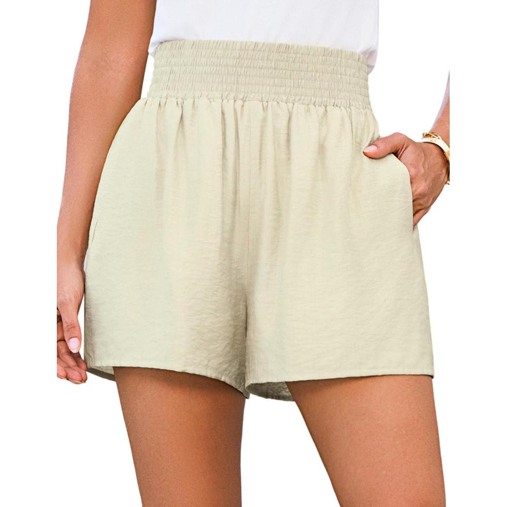 imageGRACE KARIN Women Summer Shorts Casual Boho Beach Comfy Smocked Elastic High Waist Pull On Flowy Short with PocketsKhaki