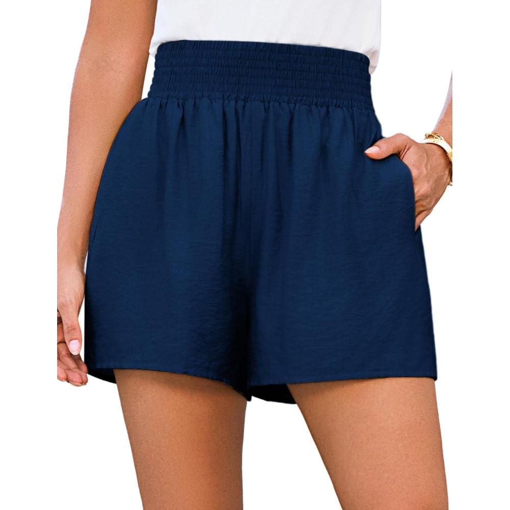imageGRACE KARIN Women Summer Shorts Casual Boho Beach Comfy Smocked Elastic High Waist Pull On Flowy Short with PocketsNavy Blue