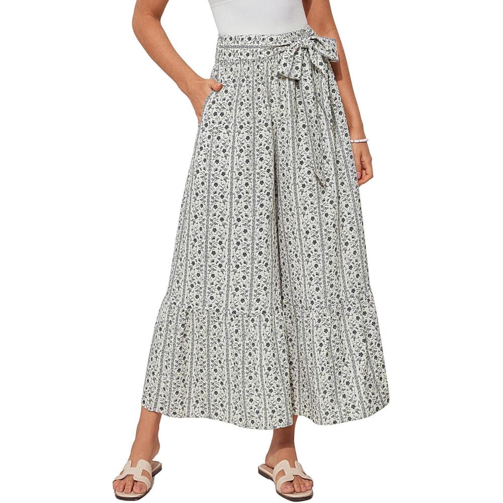 imageGRACE KARIN Womens 2025 Summer Wide Leg Palazzo Pants Elastic High Waisted Boho Casual Flowy Beach Pants with PocketsWhite Floral