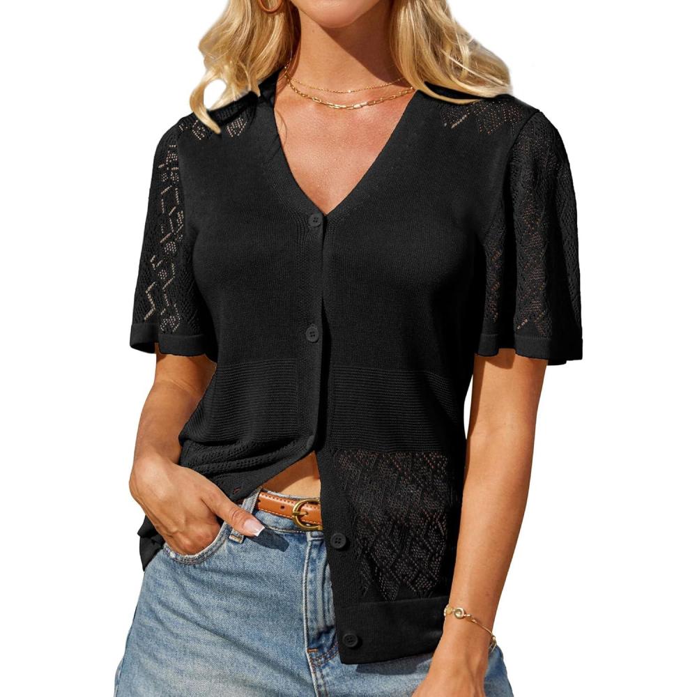 imageGRACE KARIN Womens Cardigan 2025 Lightweight Summer Short Ruffle Sleeve Button Down V Neck Casual Crochet CardiganBlack