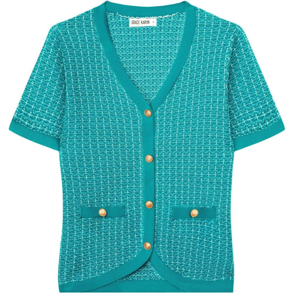 imageGRACE KARIN Womens Summer Cardigan Sweater 2025 Button Down Short Sleeve Cropped Lightweight V Neck Elegant Tweed TopsPeacock Blue