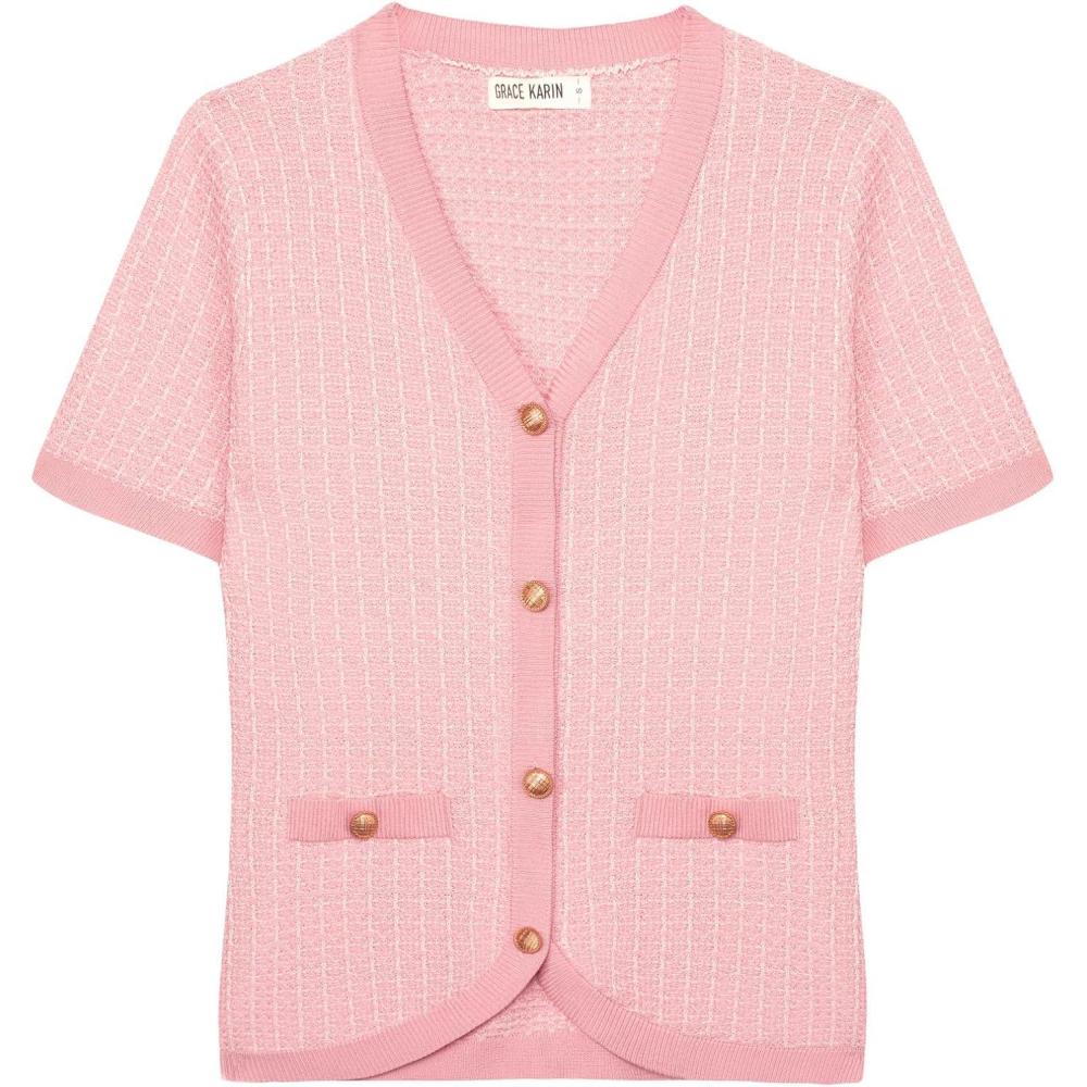 imageGRACE KARIN Womens Summer Cardigan Sweater 2025 Button Down Short Sleeve Cropped Lightweight V Neck Elegant Tweed TopsPink