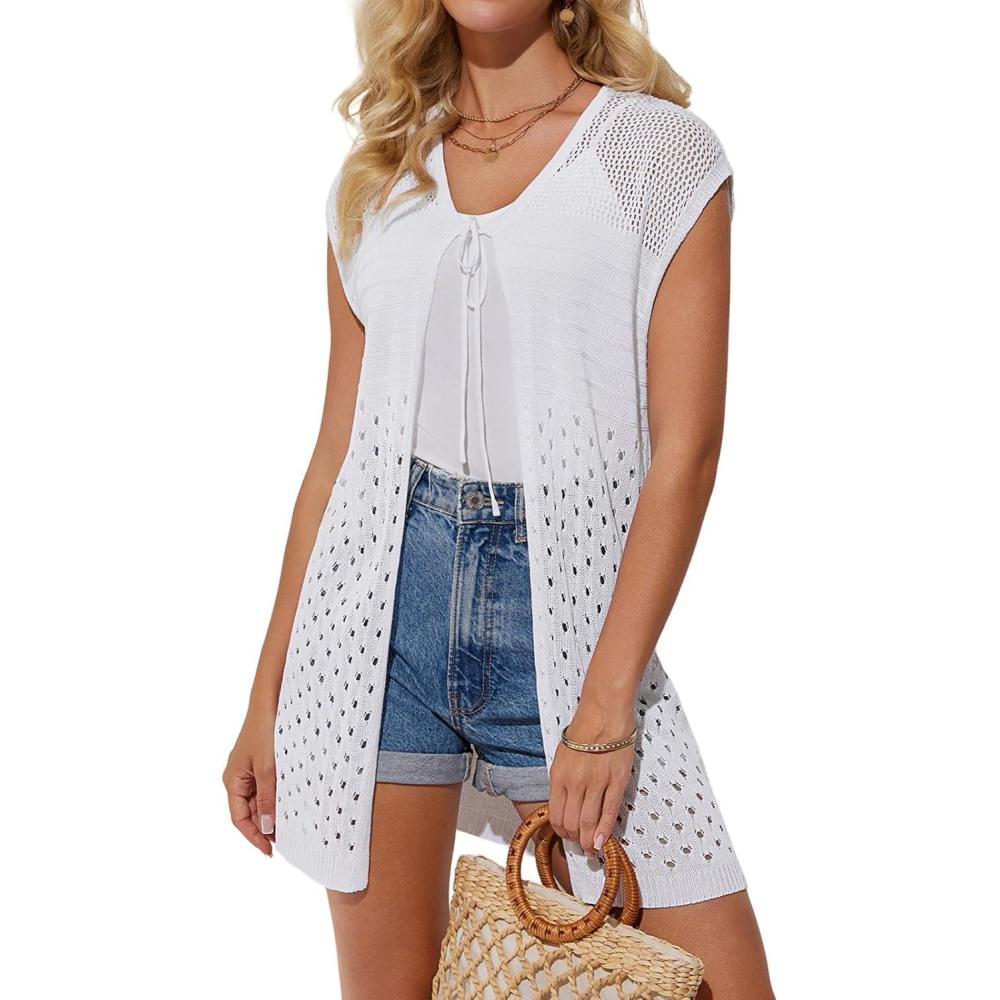 imageGRACE KARIN Womens Summer Sleeveless Cardigan Vest Lightweight Crochet Cardigan Casual Tie Front Beach Kimono CardigansWhite