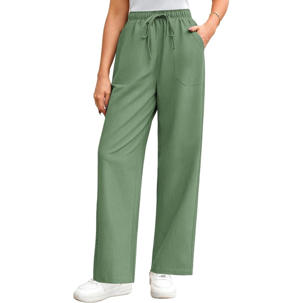 imageGRACE KARIN Womens Wide Leg Casual Pants Summer Lightweight Drawstring Elastic Waist Lounge Beach Palazzo with PocketsArmy Green
