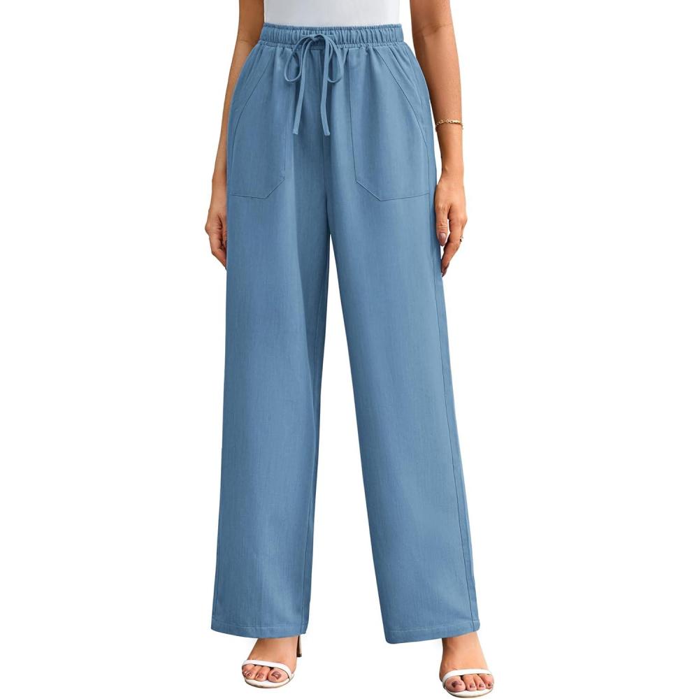 imageGRACE KARIN Womens Wide Leg Casual Pants Summer Lightweight Drawstring Elastic Waist Lounge Beach Palazzo with PocketsLight Blue