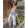 imageGRACE KARIN Women Cotton Palazzo Pants 2025 Summer Stripe Drawstring Loose Wide Leg Long Trousers with PocketsGrey White Stripe