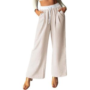 imageGRACE KARIN Women Cotton Palazzo Pants 2025 Summer Stripe Drawstring Loose Wide Leg Long Trousers with PocketsKhaki White Stripe