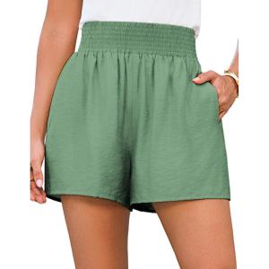 imageGRACE KARIN Women Summer Shorts Casual Boho Beach Comfy Smocked Elastic High Waist Pull On Flowy Short with PocketsArmy Green