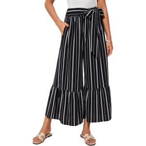 imageGRACE KARIN Womens 2025 Summer Wide Leg Palazzo Pants Elastic High Waisted Boho Casual Flowy Beach Pants with PocketsBlack Striped