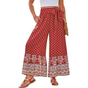 imageGRACE KARIN Womens 2025 Summer Wide Leg Palazzo Pants Elastic High Waisted Boho Casual Flowy Beach Pants with PocketsRed Dots