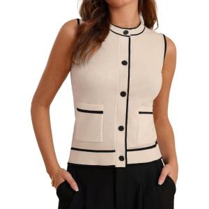 imageGRACE KARIN Womens Crew Neck Sweater Vest Sleeveless Color Block Button Down Cardigan Knit Tank TopsApricot