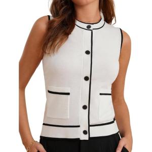 imageGRACE KARIN Womens Crew Neck Sweater Vest Sleeveless Color Block Button Down Cardigan Knit Tank TopsWhite