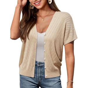 imageGRACE KARIN Womens Lightweight Summer Cardigan Sweater V Neck Button Down Open Front Crochet Knit Cropped Bolero ShrugsApricot
