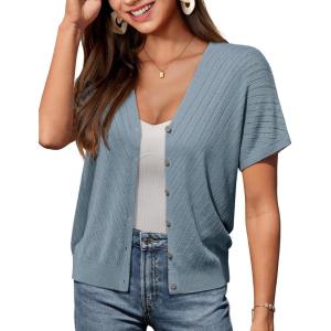 imageGRACE KARIN Womens Lightweight Summer Cardigan Sweater V Neck Button Down Open Front Crochet Knit Cropped Bolero ShrugsBlue