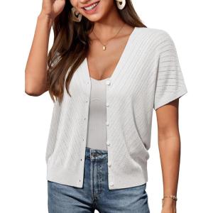 imageGRACE KARIN Womens Lightweight Summer Cardigan Sweater V Neck Button Down Open Front Crochet Knit Cropped Bolero ShrugsWhite