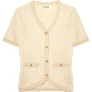 imageGRACE KARIN Womens Summer Cardigan Sweater 2025 Button Down Short Sleeve Cropped Lightweight V Neck Elegant Tweed TopsApricot