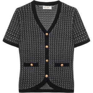 imageGRACE KARIN Womens Summer Cardigan Sweater 2025 Button Down Short Sleeve Cropped Lightweight V Neck Elegant Tweed TopsBlack