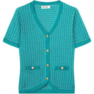 imageGRACE KARIN Womens Summer Cardigan Sweater 2025 Button Down Short Sleeve Cropped Lightweight V Neck Elegant Tweed TopsPeacock Blue