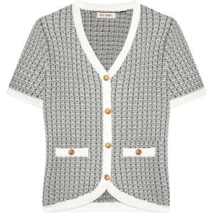 imageGRACE KARIN Womens Summer Cardigan Sweater 2025 Button Down Short Sleeve Cropped Lightweight V Neck Elegant Tweed TopsWhite