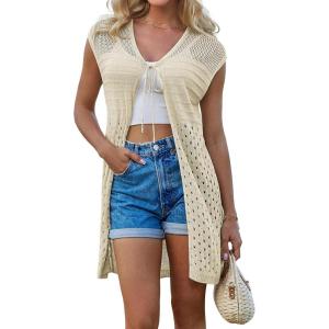imageGRACE KARIN Womens Summer Sleeveless Cardigan Vest Lightweight Crochet Cardigan Casual Tie Front Beach Kimono CardigansBeige