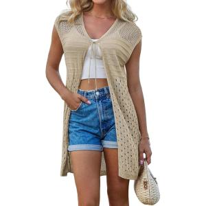 imageGRACE KARIN Womens Summer Sleeveless Cardigan Vest Lightweight Crochet Cardigan Casual Tie Front Beach Kimono CardigansKhaki