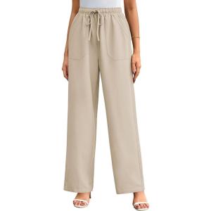 imageGRACE KARIN Womens Wide Leg Casual Pants Summer Lightweight Drawstring Elastic Waist Lounge Beach Palazzo with PocketsApricot