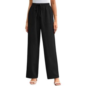 imageGRACE KARIN Womens Wide Leg Casual Pants Summer Lightweight Drawstring Elastic Waist Lounge Beach Palazzo with PocketsBlack