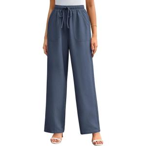 imageGRACE KARIN Womens Wide Leg Casual Pants Summer Lightweight Drawstring Elastic Waist Lounge Beach Palazzo with PocketsDrak Blue