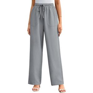 imageGRACE KARIN Womens Wide Leg Casual Pants Summer Lightweight Drawstring Elastic Waist Lounge Beach Palazzo with PocketsGrey