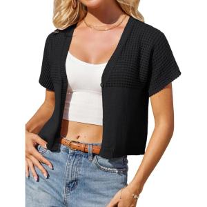 imageGRACE KARIN Womens Summer Short Sleeve Cropped Cardigans Lightweight Crochet Bolero Shrug Open Front Shrot Bolero SweaterBlack