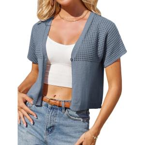 imageGRACE KARIN Womens Summer Short Sleeve Cropped Cardigans Lightweight Crochet Bolero Shrug Open Front Shrot Bolero SweaterBlue