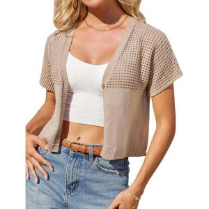 imageGRACE KARIN Womens Summer Short Sleeve Cropped Cardigans Lightweight Crochet Bolero Shrug Open Front Shrot Bolero SweaterKhaki