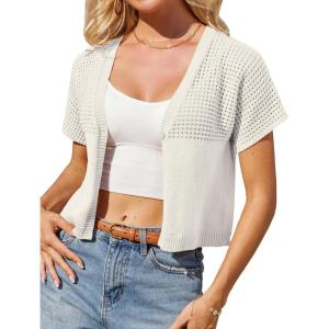 imageGRACE KARIN Womens Summer Short Sleeve Cropped Cardigans Lightweight Crochet Bolero Shrug Open Front Shrot Bolero SweaterWhite