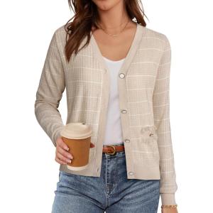 imageGRACE KARIN 2025 Womens Summer Cardigans Sweaters VNeck Long Sleeve Button Down Lightweight Knit CardiganApricot White