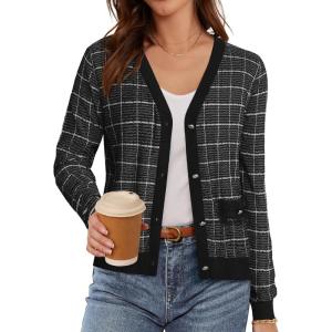 imageGRACE KARIN 2025 Womens Summer Cardigans Sweaters VNeck Long Sleeve Button Down Lightweight Knit CardiganBlack White