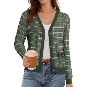 imageGRACE KARIN 2025 Womens Summer Cardigans Sweaters VNeck Long Sleeve Button Down Lightweight Knit CardiganGreen White