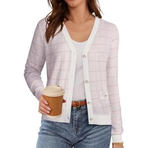 imageGRACE KARIN 2025 Womens Summer Cardigans Sweaters VNeck Long Sleeve Button Down Lightweight Knit CardiganPink White