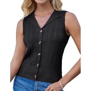 imageGRACE KARIN Sweater Vest Women Summer Sleeveless Knit Cardigans V Neck Collared Lightweight Button Down Sweaters TopsBlack