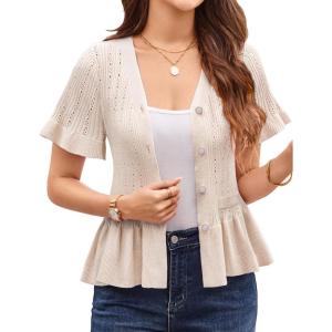 imageGRACE KARIN Women 2025 Short Sleeve Cropped Cardigan Trendy Lightweight V Neck Button Crochet HollowedOut Knit Shrug SweaterBeige
