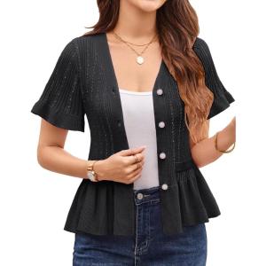 imageGRACE KARIN Women 2025 Short Sleeve Cropped Cardigan Trendy Lightweight V Neck Button Crochet HollowedOut Knit Shrug SweaterBlack