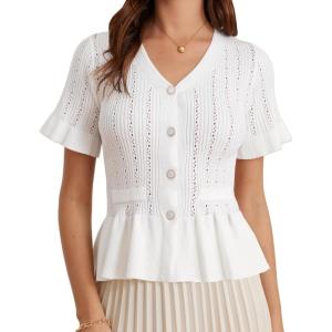 imageGRACE KARIN Women 2025 Short Sleeve Cropped Cardigan Trendy Lightweight V Neck Button Crochet HollowedOut Knit Shrug SweaterWhite