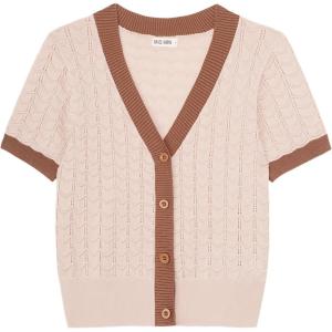 imageGRACE KARIN Womens Summer Cardigan Sweaters 2025 Short Sleeve Cropped V Neck Lightweight Textured Ribbed Sweaters TopsApricot