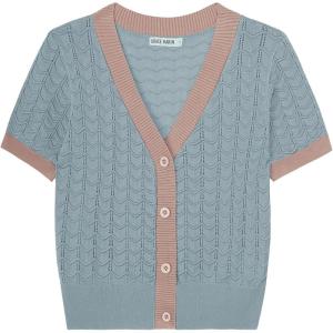 imageGRACE KARIN Womens Summer Cardigan Sweaters 2025 Short Sleeve Cropped V Neck Lightweight Textured Ribbed Sweaters TopsBlue Gray