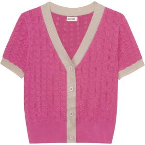 imageGRACE KARIN Womens Summer Cardigan Sweaters 2025 Short Sleeve Cropped V Neck Lightweight Textured Ribbed Sweaters TopsRose Red