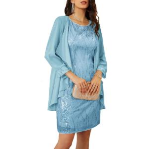 imageGRACE KARIN Sequin Dress for Women Knee Length Mother of the Bride Dresses Formal Dress Two Piece Dress with Chiffon JacketAqua Blue