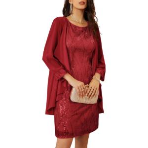 imageGRACE KARIN Sequin Dress for Women Knee Length Mother of the Bride Dresses Formal Dress Two Piece Dress with Chiffon JacketBright Red