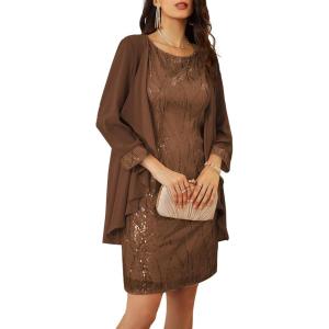 imageGRACE KARIN Sequin Dress for Women Knee Length Mother of the Bride Dresses Formal Dress Two Piece Dress with Chiffon JacketBrown